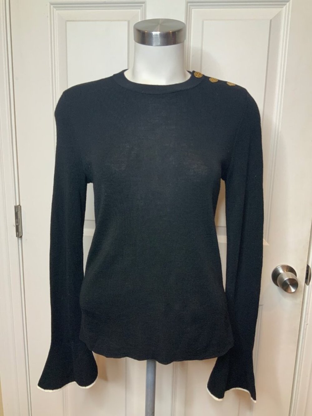 Tory Burch Black Merino Wool Flare Sleeve Shoulder Button Sweater, Size S